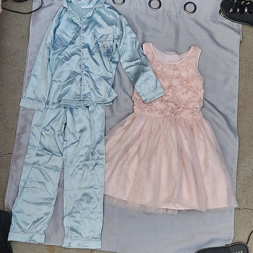 Pink Chiffon Tulle Party Dress Blue Silk Pants Pajamas Girls size 10